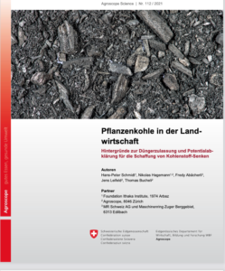  Schmidt, H.P., Hagemann N., Abächerli, F., Leifeld J., Bucheli T.	
Pflanzenkohle in der Landwirtschaft : Hintergründe zur Düngerzulassung und Potentialabklärung für die Schaffung von Kohlenstoff-Senken.

Agroscope Science, 112, 2021, 1-71.