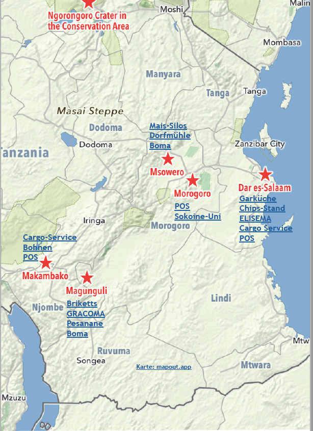 Auf dieser geographischen Karte von Tansania sind die Orte aufgeführt, wo von FARIP unterstütze Ventures (in blauer Farbe) existieren
