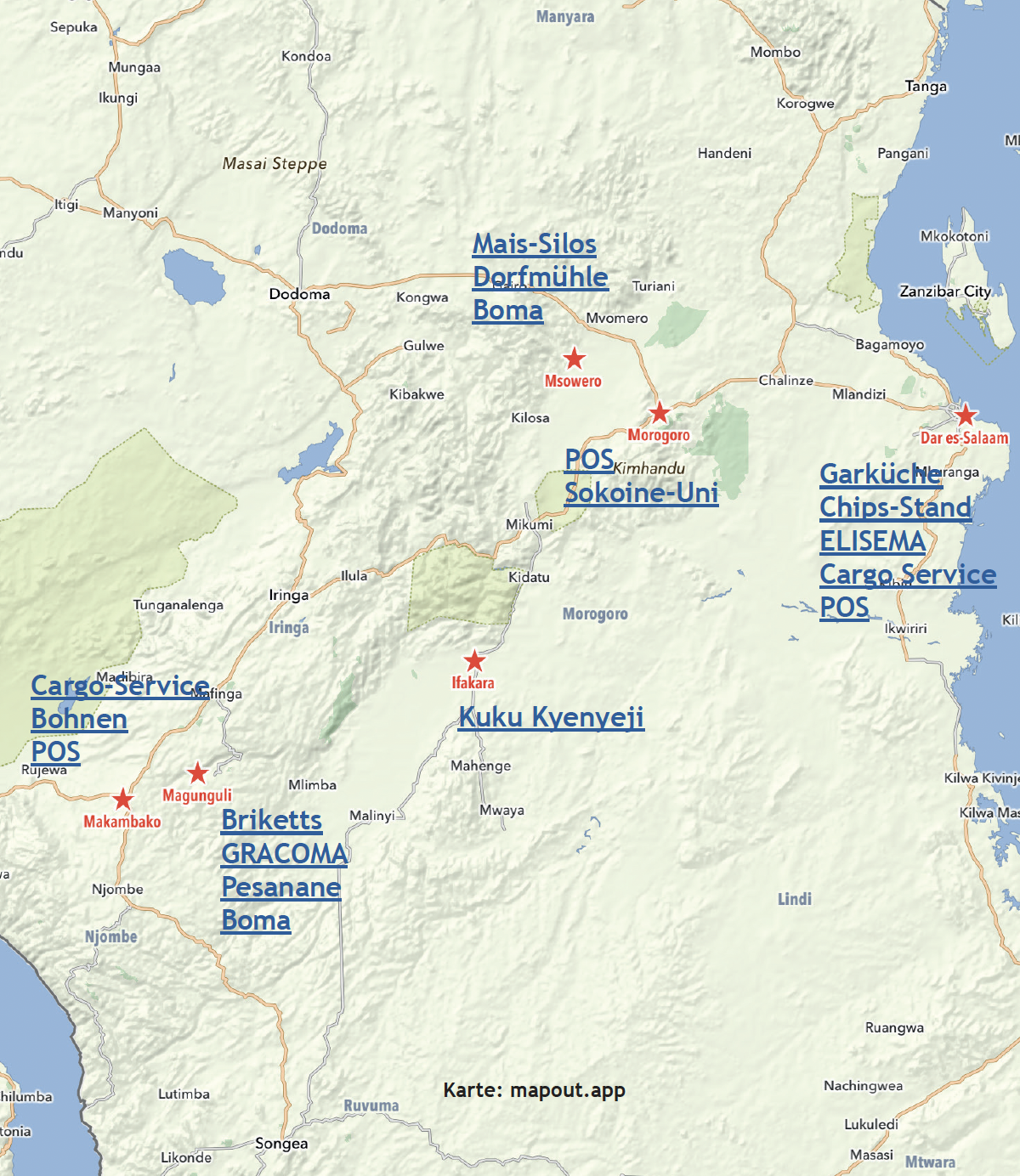 Geografische Karte von Tansania als PDF mit Links zu den Ventures.